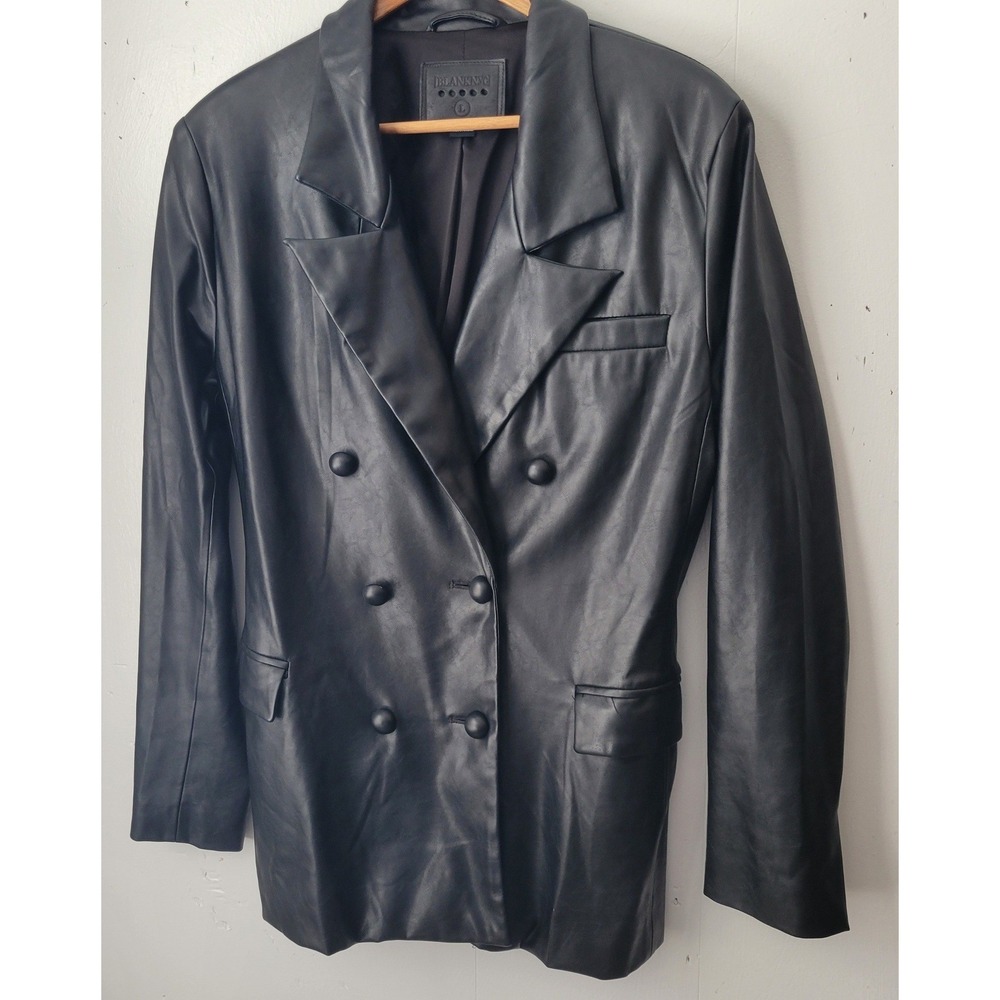 BLANKNYC Black Faux Leather Double Breasted Blazer Jacket Sz L Pockets Business - Picture 3 of 16